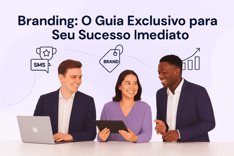 Três profissionais sorridentes em pé, dois homens de blazer escuro e uma mulher com blusa roxa segurando um tablet, com laptop aberto à frente de um dos homens, sobre a mesa, com o texto 'Branding: O Guia Exclusivo para Seu Sucesso Imediato' e ícones de SMS, etiqueta com a palavra 'BRAND' e gráfico de crescimento atrás, representando uma equipe de trabalho da Onesoft focada em branding e sucesso imediato.