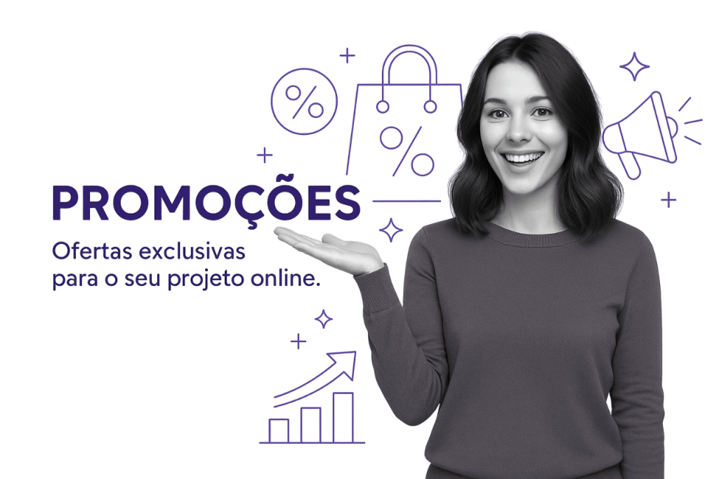 Mulher sorridente com cabelo escuro apresentando texto e ícones promocionais em roxo que dizem promoções e ofertas exclusivas para o seu projeto online, associadas à marca onesoft.